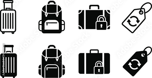 Collection of luggage icons with padlocks and tags for travel and security