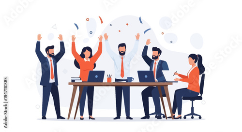 Business team celebrating success with confetti and laptops