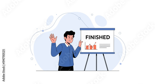 Man presenting finished project with graph on whiteboard, business success concept