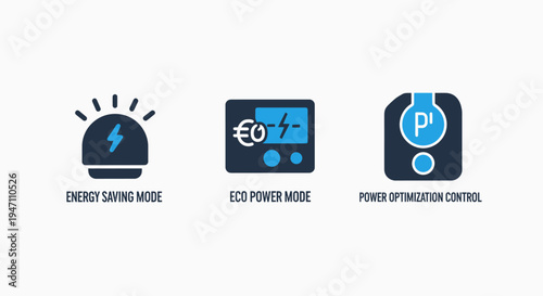 Energy efficiency icons for saving mode, eco power, and power optimization control