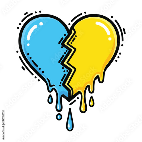 Broken heart symbol melting blue yellow