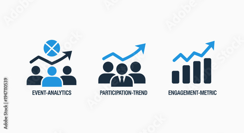 Business analytics icons for event engagement, participation trends, and metric tracking