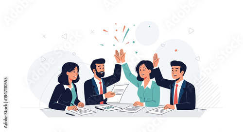 Teamwork success: Business people celebrating a victory with high fives and confetti