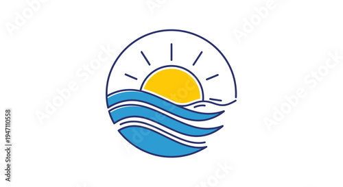Stylized circular logo featuring a vibrant yellow sun rising above blue ocean waves, symbolizing nature, dawn, and tranquility.