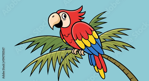 A vibrant cartoon parrot with red, yellow, and blue feathers sits on a green palm tree branch against a clear blue sky.