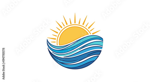 Stylized graphic of a vibrant yellow sun with radiating rays setting over or rising from a series of blue ocean waves, symbolizing nature and travel.