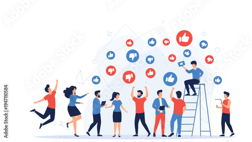 Group of diverse people celebrating and interacting with thumbs up and thumbs down feedback icons for review.