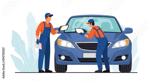 Mechanics Inspecting Blue Car.