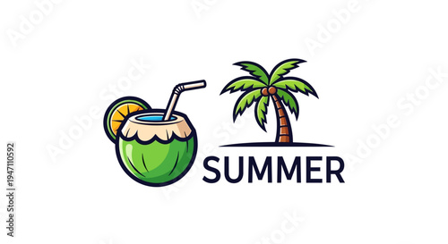 A vibrant illustration featuring a refreshing coconut drink with a straw and lemon slice next to a green palm tree, with the word 'SUMMER' written below, evoking a tropical vacation theme.