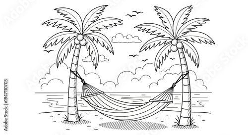 Black and white line art illustration of a serene tropical beach scene with a hammock strung between two palm trees overlooking the ocean and clouds.