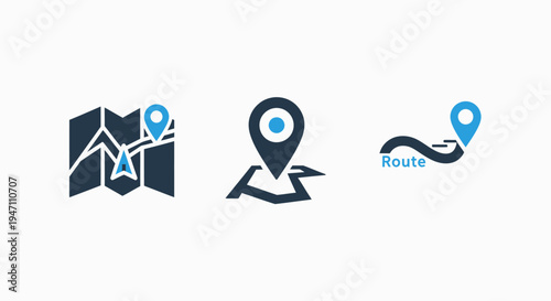 Navigation and route icons: map, location pin, and journey planning concepts