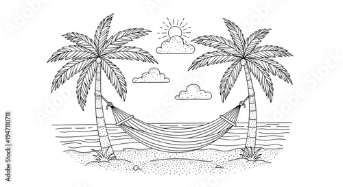 Line art illustration of a tropical beach scene with a hammock between two palm trees, ocean, sun, and clouds, evoking relaxation and vacation.