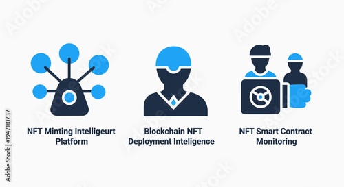 Nft and digital asset icons: minting platform, blockchain, and smart contract concepts