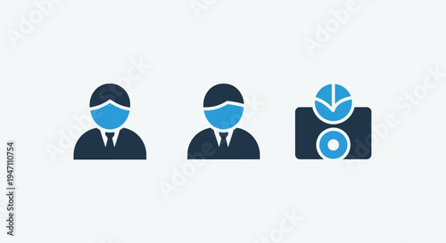 Business and technology icons: user profiles and a camera with a pie chart, symbolizing data analysis, marketing, and user tracking, flat design, user interface