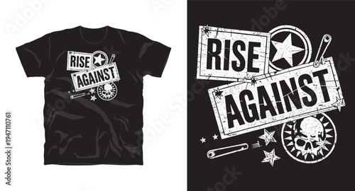 Rise against graphic t-shirt design with skull, stars and distressed elements.