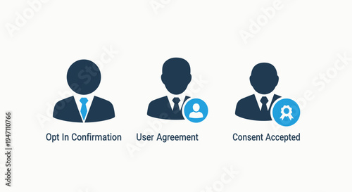 User confirmation icons: opt-in, agreement, and consent accepted, representing user privacy and legal processes, flat design, opt in