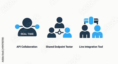 Team collaboration icons: real-time api connection, shared testing tool, and live integration for software development and teamwork, flat design