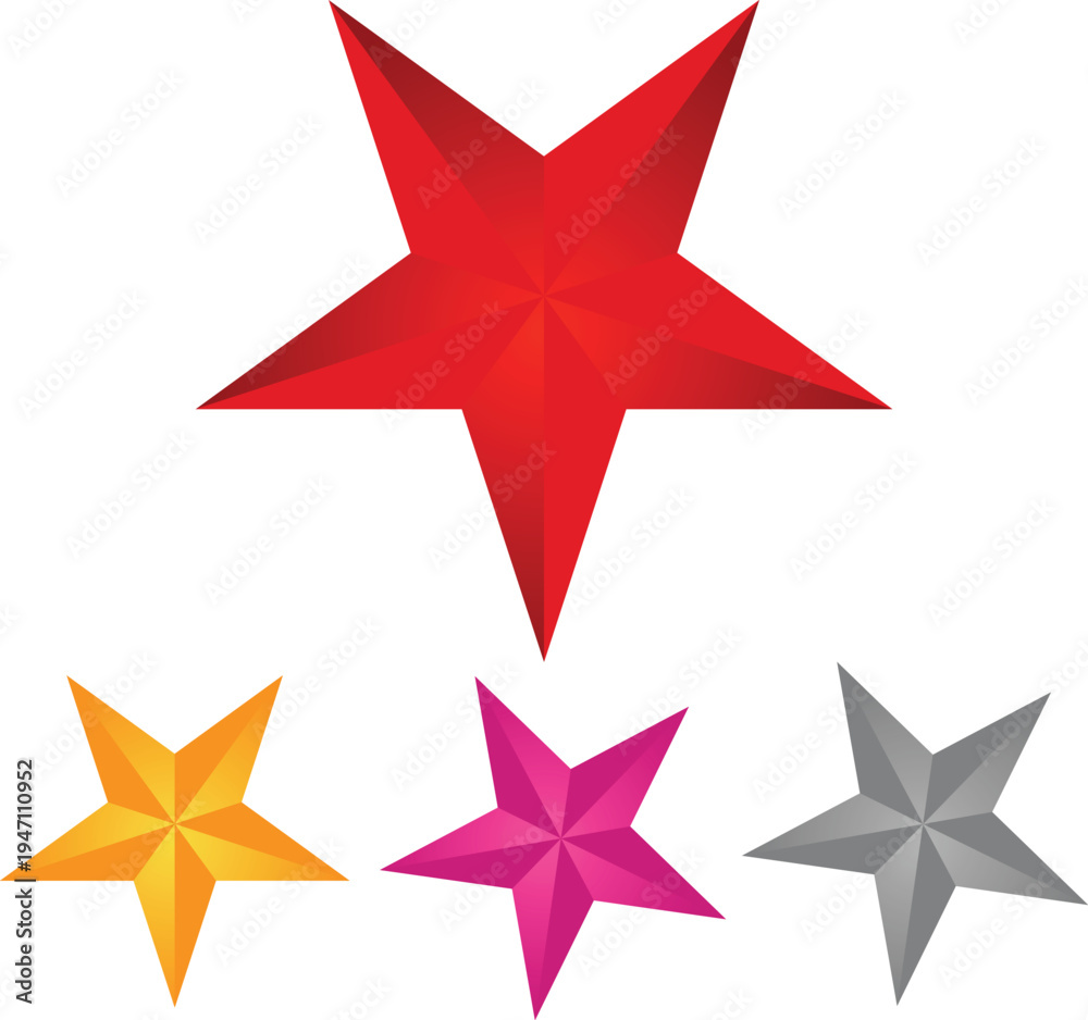 Obraz premium Set of shiny red star shapes and icons in 3d vector illustration style for Christmas holiday decoration design elements or award symbols
