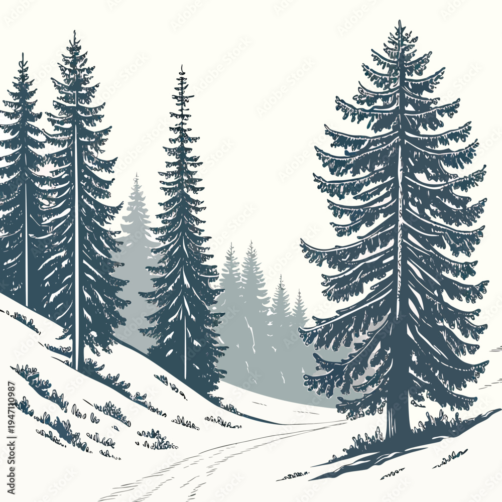 Fototapeta premium A serene winter scene with snow covered pine trees