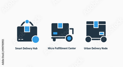 Logistics and delivery icons: package, truck, and distribution node concepts, e commerce