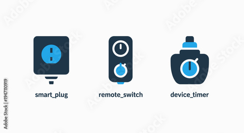 Smart home device icons: plug, remote switch, and timer concepts for automation