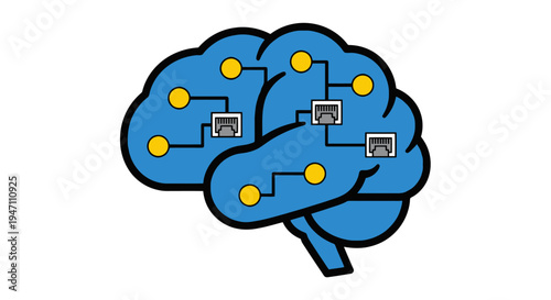 An illustration depicts a futuristic brain with circuits and screens inside.