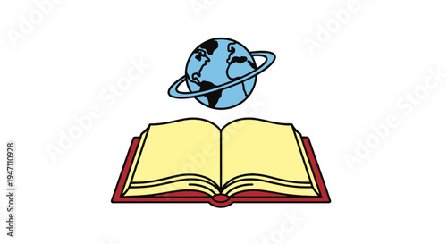 An illustration of an open book with a planet hovering above it in space.