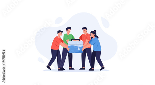 Teamwork carrying water container, teamwork, cooperation, community, helping hands, charity