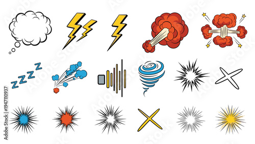 Set of colorful hand-drawn comic book action effects and speech bubbles including lightning, explosions, sleep icons, and sound waves.