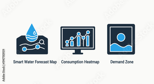 Data and analytics icons: water forecast, consumption heatmap, and demand zone concepts