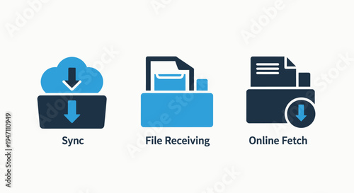 Cloud and file management icons: sync, receiving, and online fetch concepts