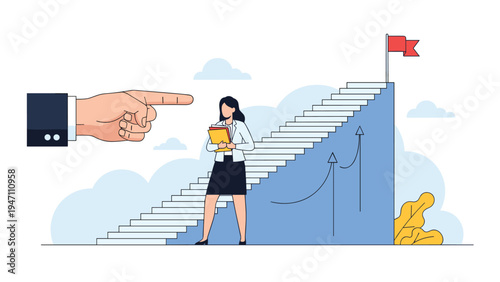Giant hand in a suit points toward a flight of blue stairs leading to a red goal flag, guiding a professional businesswoman upward.