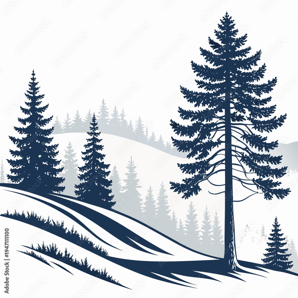 Obraz premium A scenic winter landscape with pine trees on a snowy hill