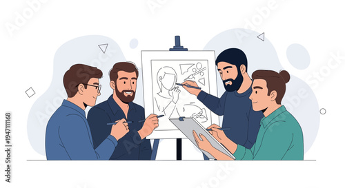 Team of artists collaborating on a drawing project at an easel