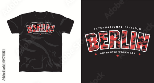 Black t-shirt with Berlin camouflage graphic and text international division authentic workwear