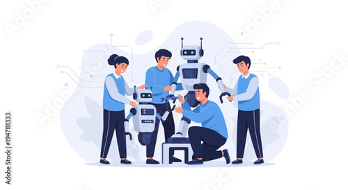 Team of engineers building and programming robots, futuristic technology concept