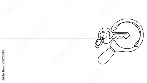 One continuous line drawing of magnifying glass, Self animated continuous one line drawing of a set of keys. Full length single line art animation, Video. key continuous one line drawing animation.