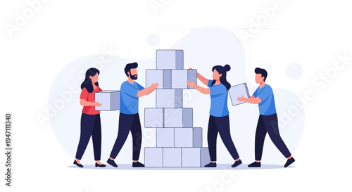 Teamwork building blocks, people stacking cubes for success, collaboration concept