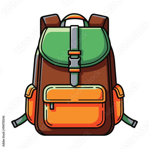 Brown backpack with green flap and orange accents