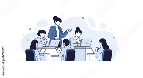 Business meeting, team collaboration, brainstorming, presentation, office work, flat design