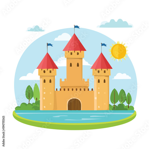 Cartoon castle illustration with turrets and flags under a bright sun