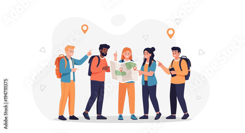 Diverse group of friends planning a trip with a map and location pins