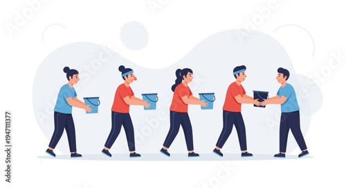 Teamwork concept: people passing buckets in a line, collaboration and support