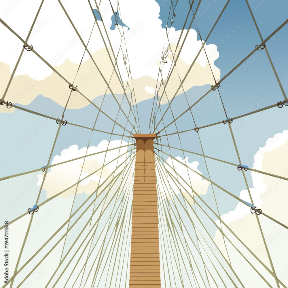 Obraz premium Abstract geometric illustration of a suspension bridge against a blue sky