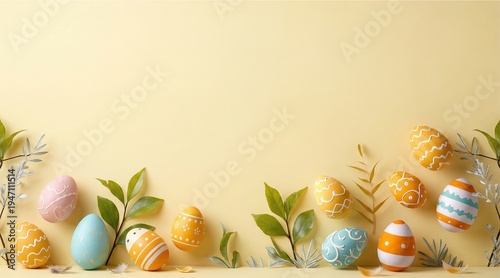 Horizontal background with copy space. Many Easter eggs celebrate Happy Easter on a spring day in a realistic design with a shadow on a soft yellow background with copy space.