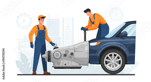 Mechanics working on engine.