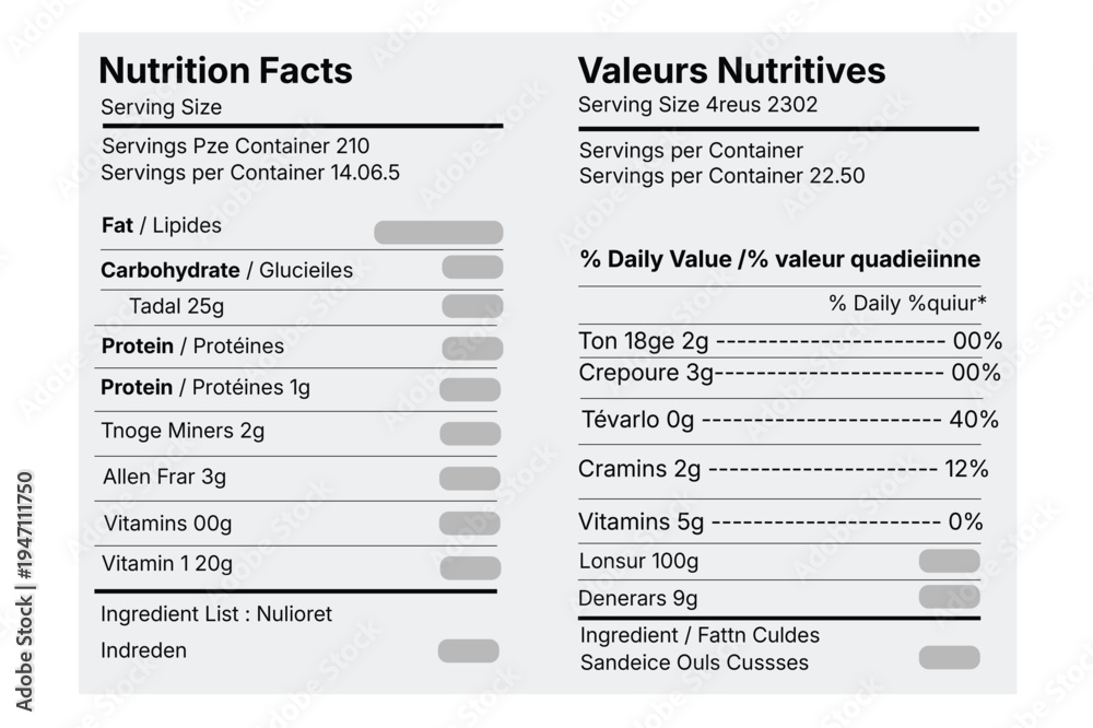Fototapeta premium Editable Canada Nutrition Facts Label – Bilingual English French Food Packaging Template