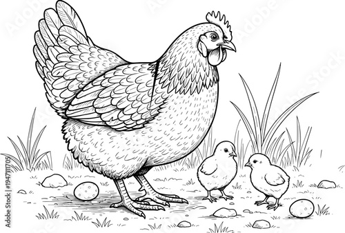 Hen with baby chicks and eggs in a farm field line art vector illustration for coloring book page or organic farming.