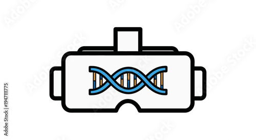A futuristic virtual reality headset displays a colorful DNA double helix illustration.