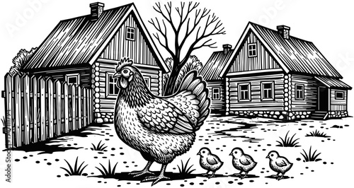 Rural farm landscape vector illustration with hen and chicks in front of wooden village houses and fence, black and white art.